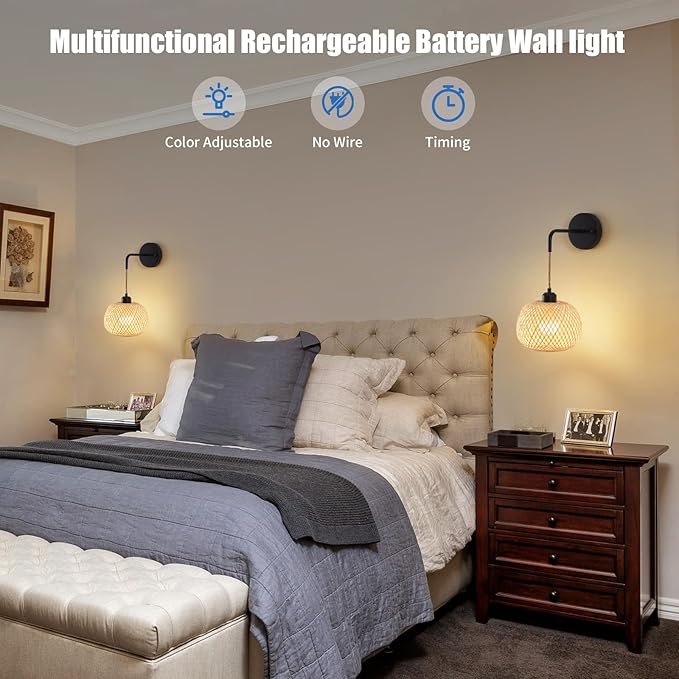 Battery Operated Wall Sconce Set of Two, Bamboo Rechargeable Boho Wireless Sconces with Remote, Dimmable Non-Hardwired Farmhouse Wall Lights for Bedroom Living Room (Black,8 inches)