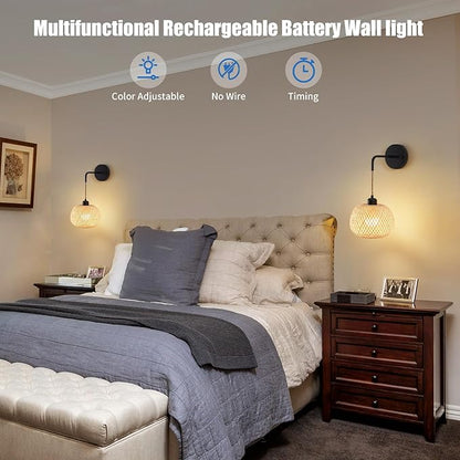 Battery Operated Wall Sconce Set of Two, Bamboo Rechargeable Boho Wireless Sconces with Remote, Dimmable Non-Hardwired Farmhouse Wall Lights for Bedroom Living Room (Black,8 inches)