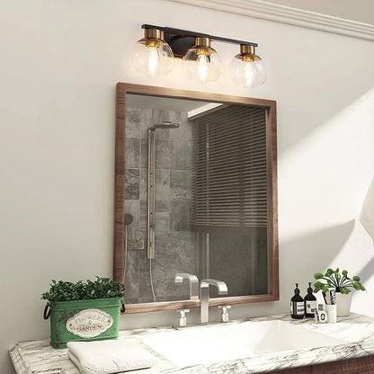 PAZALA 3-Light Bathroom Vanity Lights, Black and Gold Bathroom Light Fixtures Over Mirror with Globe Glass Shade, 22in Modern Wall Sconce for Bathr Mirror Bedroom Hallway, E26 Base(Bulbs Not Included)