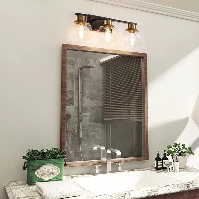 PAZALA 3-Light Bathroom Vanity Lights, Black and Gold Bathroom Light Fixtures Over Mirror with Globe Glass Shade, 22in Modern Wall Sconce for Bathr Mirror Bedroom Hallway, E26 Base(Bulbs Not Included)