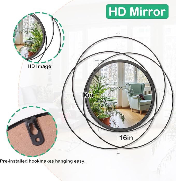 Mirrors Wall Decor Iron Frame Round Art Wall Mirrors Home Decoration Hanging Mirrors for Living Room Bedroom Bathroom Entryway Black 16