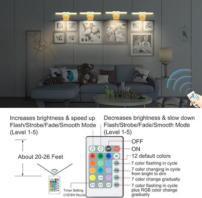 LUXSWAY Picture Lights with Rechargeable,Painting Light with Remote,12 Colors Changing Artwork Light with Swivel Light Head,10000mAh Display Light for Dart Board Poster Art Gallery