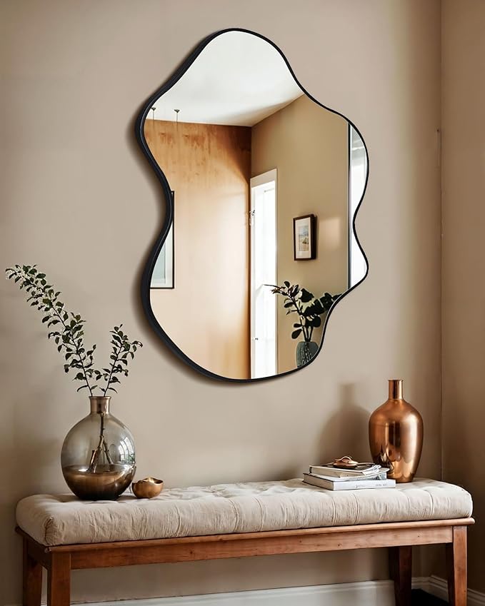 CULER Irregular Black Bathroom Wall Mirror,22 x 30 Inch Asymmetrical Vanity Modern Tempered Glass Mirror for Bedroom,Living Room,Entryway