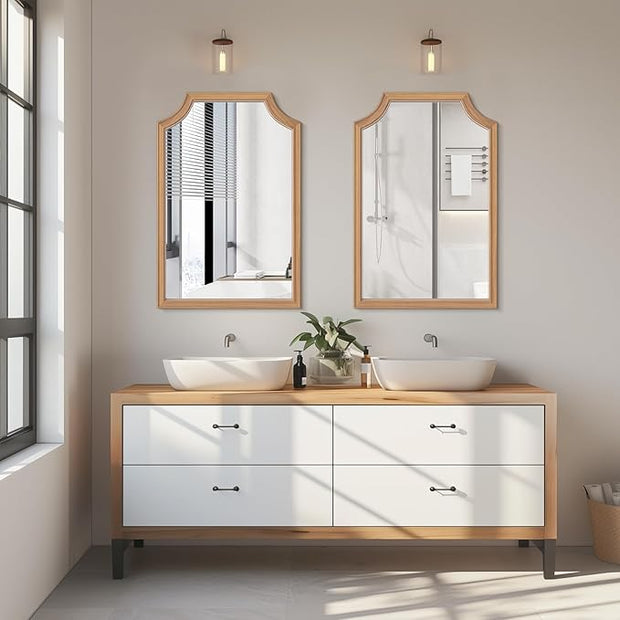 WallBeyond Scalloped Wood Mirror for Small Bathroom Vanity 20x30 Inch Rectangle Wall Mirror Decor for Hallway Bedroom Living Room Home (Honey-Colored)