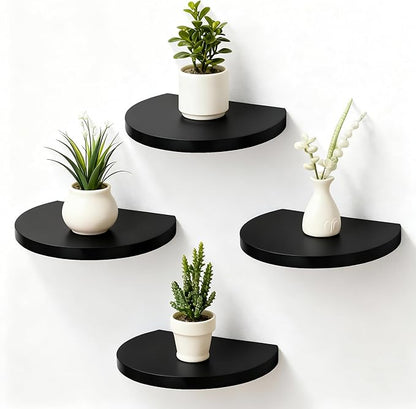 Small Wood Floating Shelves (4-Pack, 8-inch Diameter) - Round Sturdy Invisible Wall Mount Display for Small Plants,Toys,Bathroom,Living Room Storage & Modern Rustic Décor (Black)