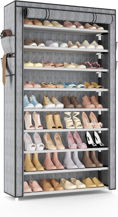 Shoe Rack with Cover Narrow Shoe Organizer with Pockets 10 Tier Tall Shoe Storage Holds 36-41 Pairs Shoes and Boots Shoe Rack for Closet Entryway Garage, Printing