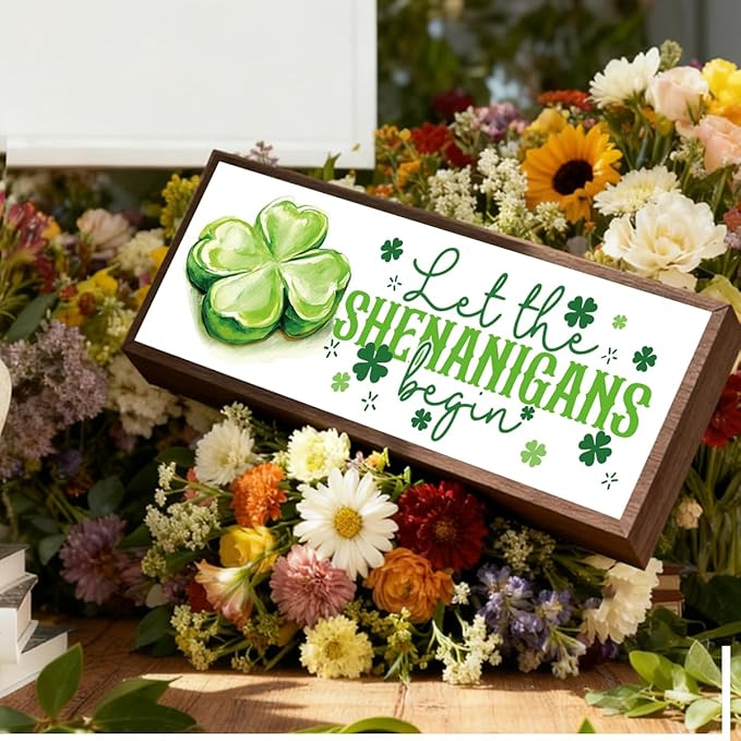 Let the Shenanigans Begin Sign, St Patricks Day Decorations for Home, Office, Shelf, Mantel, Indoor, Shamrock Art Decor, Saint Patrick Day Decor, Four Leaves Clover Decors, 9.5x3.1x1 inches