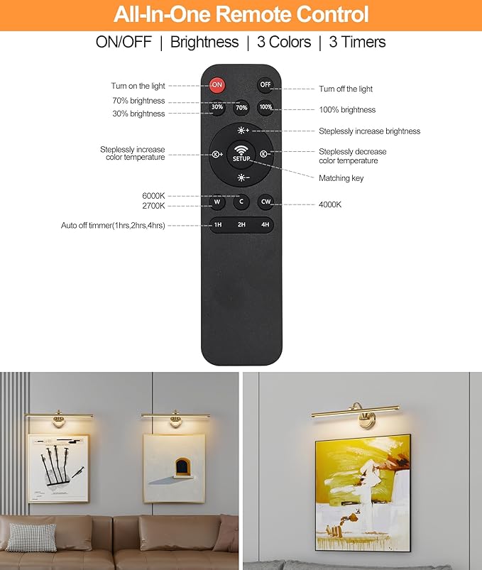 Picture Light for Wall, Dimmable Battery Operated Art Light, Picture Frame Light with Remote & Timer, Cordless Wall Sconce with 3 Colors Temperature for Pantings, Photo Gallery(Brass, 23.6inch)