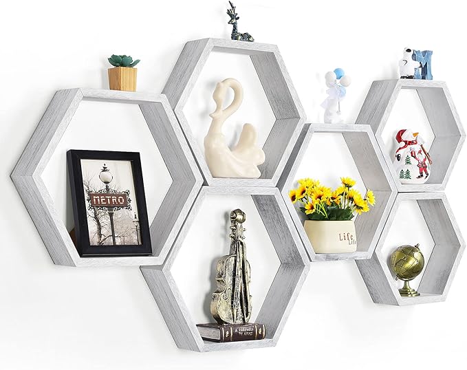 NORCEESAN Hexagon Floating Shelves Set of 6 Honeycomb Shelves Wooden Farmhouse Hexagonal Shelf for Wall Decor Hanging Shelves Honeycomb Storage Shelf for Bedroom Living Room Nursery, Grey-White