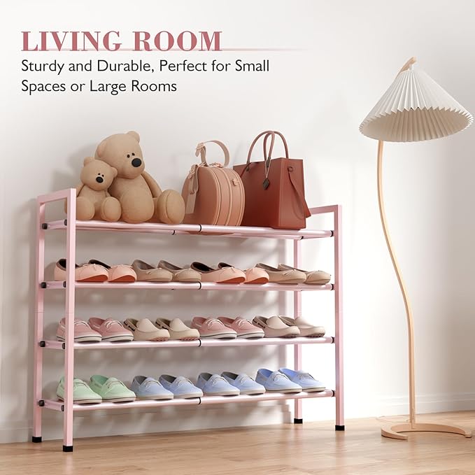 Bumusty 4-Tier Expandable Shoe Rack for Closet, 18“-33” Adjustable Shoe Rack for Small Space, Small Shoe Organizer for Front Door, Sturdy Metal, Pink
