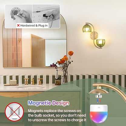 Battery Operated Wall Sconce, 2-Lights Vinatge Brass Wall Lighting Up and Down with Green Tulip Shade for Living Room, Bedroom