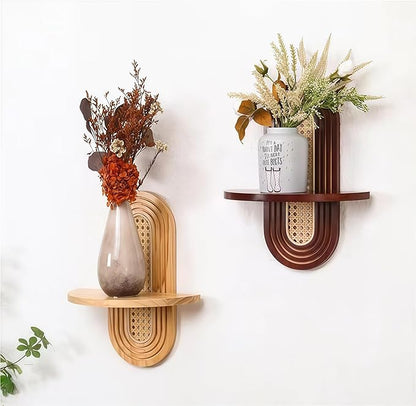 4-Shelf Bohemian Rattan Wall Shelf, Vintage Arched Design, Easy to Install Wood & Rattan, Suitable for Bedroom, Living Room, Office & Balcony