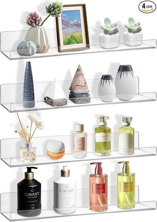 4 Pack Floating Shelves for Wall, 15" Acrylic Shelves for Room Decor, Book Shelf for Kids, Clear Hanging Display Shelf Organizer for Kitchen, Bedroom, Bathroon Organizers and Storage