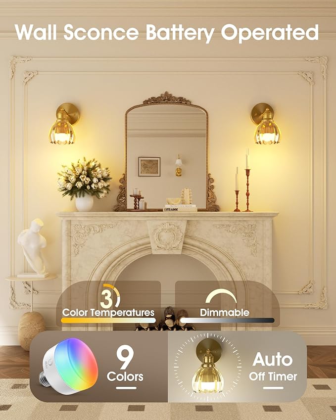 VOLISUN Vintage Battery Operated Wall Sconce,with Amber Tulip Glass Lampshade, Wireless Wall Sconce, Rechargeable Battery Powered Wall Light, Sconce Wall Decor for Bedroom Living Room
