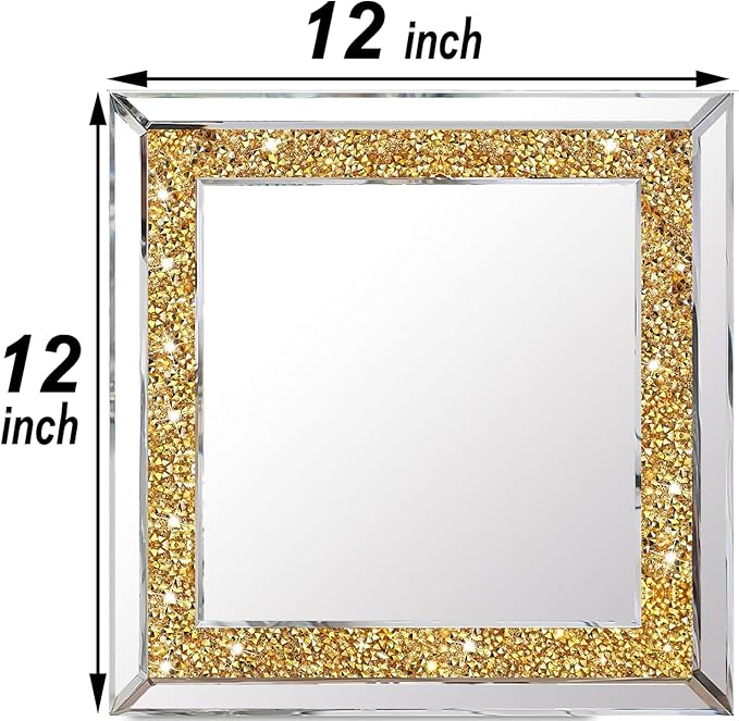 2 Piece Wall Mirrors, Crush Diamond Wall Decor, Gold Color Decorative Mirrors for Living Room, Bedroom, Bathroom. (12'x12')