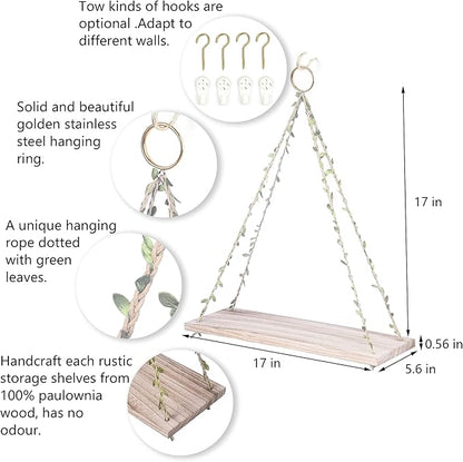 MITIME Hanging Shelves for Indoor Wall and Window - Floating Wall Shelves for Plant Display, Boho Style Home Decor.(Leaf Rope, Light Color,Large*2)