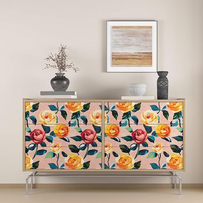 Watercolor Floral Wallpaper Peel and Stick, Pink/Orange/Yellow Rose Contact Paper 17.5