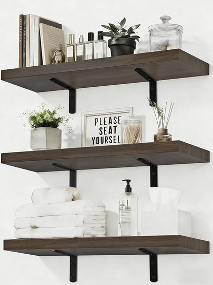 LifetimeWarranty Wall Shelves With Brackets, NOT Floating Easy Install 15.7Inch Solid Wood Shelf 3PCS,Picture Ledge Display Shelf for Living Room Bedroom Kitchen,House Decor Shelf for Book Plant Frame