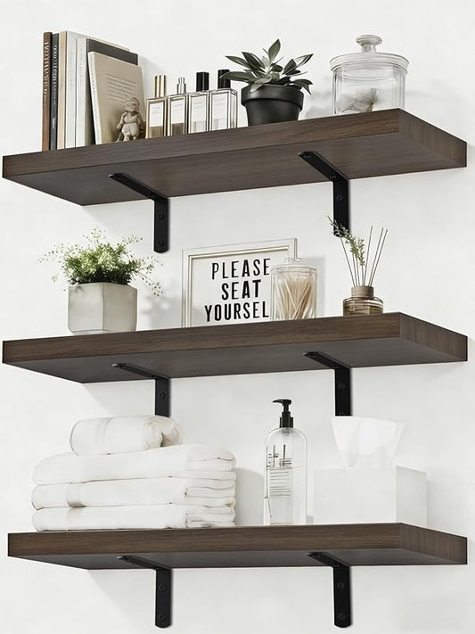 LifetimeWarranty Wall Shelves With Brackets, NOT Floating Easy Install 15.7Inch Solid Wood Shelf 3PCS,Picture Ledge Display Shelf for Living Room Bedroom Kitchen,House Decor Shelf for Book Plant Frame