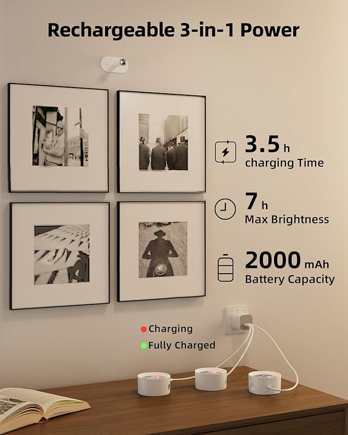 Picture Lights for Wall, 2000mAh Rechargeable Magnetic Art Lights with 3 Color Temps & RGB, Remote Dimmable Battery Operated Wall Light for Bedroom, Living Room, Gallery (White, 6 Pack)