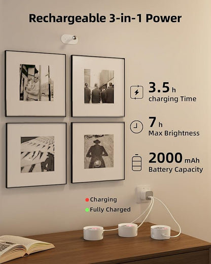 Picture Lights for Wall, 2000mAh Rechargeable Magnetic Art Lights with 3 Color Temps & RGB, Remote Dimmable Battery Operated Wall Light for Bedroom, Living Room, Gallery (White, 6 Pack)