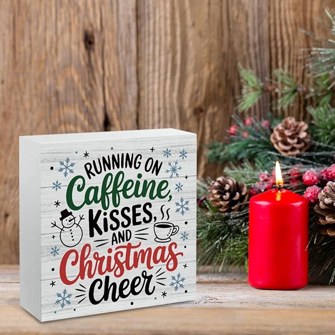 Christmas Coffee Decor Christmas Sign Coffee Bar Station Decorations for Home Running On Caffeine Kisses Sign for Home Office Desk Table Cubicle Shelf Xmas Desk Accessories 5 x 5 inch