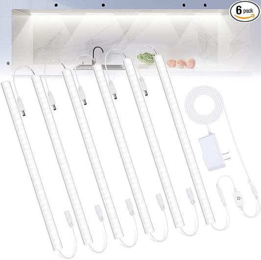 6PCS x 12 inch LED Under Cabinet Lighting 6500K, Dimmable Under Counter Lights for Kitchen, Shelf, Workbench, Cupboard Lighting, Plug-in Under Cabinet Lights with Memory Function, Cold White