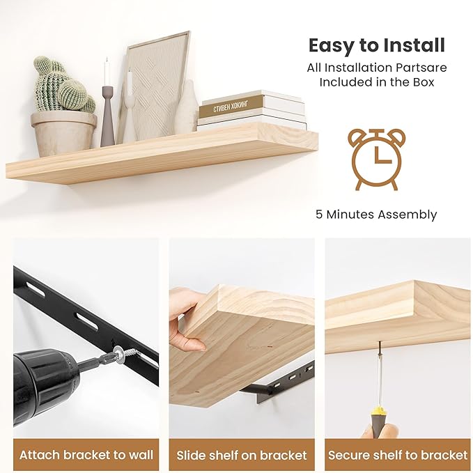 Fun Memories Wood Floating Shelves Set of 2, Rustic Pine Wood Floating Shelves for Wall Mounting, Wide Wall Shelf for Home Decor and Storage, 24" W x 7" D, Natural Unfinished, DIY Stain