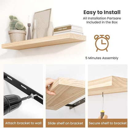 Fun Memories Wood Floating Shelves Set of 2, Rustic Pine Wood Floating Shelves for Wall Mounting, Wide Wall Shelf for Home Decor and Storage, 36" W x 7" D, Natural Unfinished, DIY Stain
