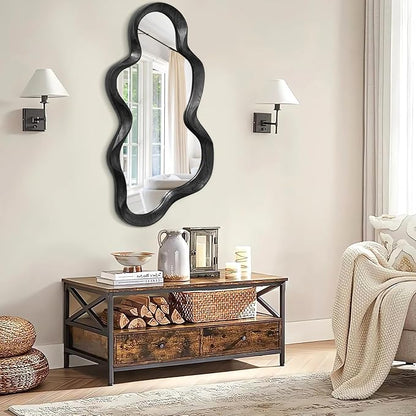 Irregular Wooden Framed Wall Mirror Modern Asymmetrical Unique Hanging Mirror Artistic Unique Cloud Shape Wall Decor Bathroom Vanity Bedroom Living Room Entryway Hallway Large
