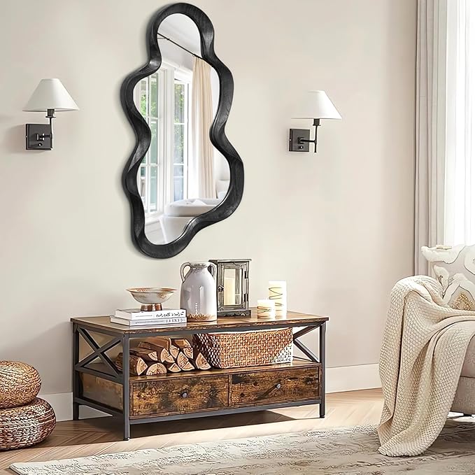 Irregular Wooden Framed Wall Mirror Modern Asymmetrical Unique Hanging Mirror Artistic Unique Cloud Shape Wall Decor Bathroom Vanity Bedroom Living Room Entryway Hallway Large