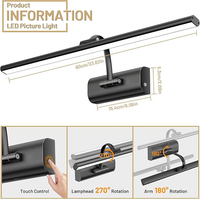 AIFEI Wireless Picture Lights for Wall Battery Operated, 8000mAh Long-Last Lights for Pictures on Wall, Remote & Touch, 3 Color Dimmable No Wiring Needed Art Light for Paintings Poster, 23.6" Black