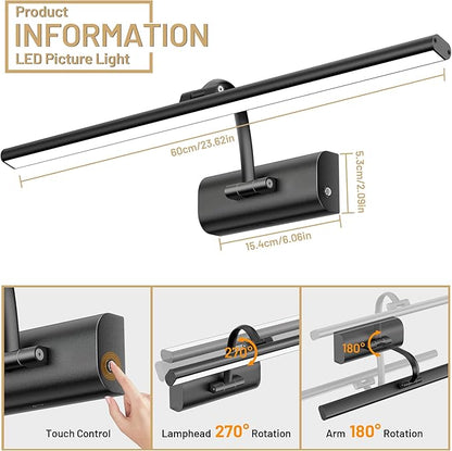 AIFEI Wireless Picture Lights for Wall Battery Operated, 8000mAh Long-Last Lights for Pictures on Wall, Remote & Touch, 3 Color Dimmable No Wiring Needed Art Light for Paintings Poster, 23.6" Black