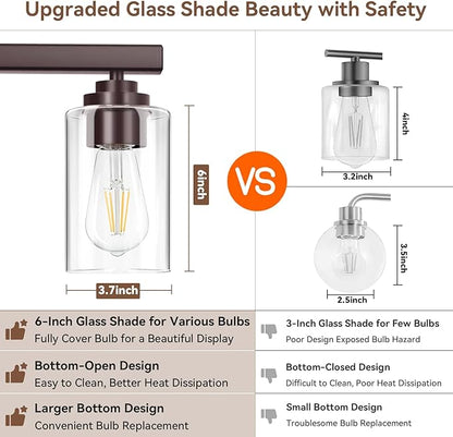 3-Light Bathroom Light Fixtures, 19" Modern Vanity Lights Over Mirror with Clear Glass Shades, Brown Light Fixture, Classic Wall Light Fixture for Mirror Living Room Cabinet Bedroom Porch