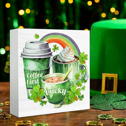 St. Patrick's Day Kitchen Decor Sign - Shamrock Coffee First Wooden Sign - Irish St Patricks Day Decorations for Home Cafe Coffee Bar Table Desk Shelf 5x5 Inches