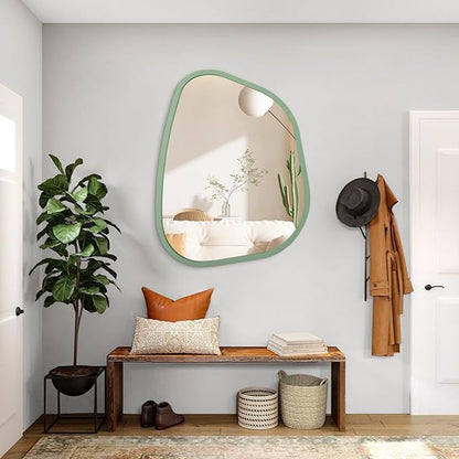 Asymmetrical Mirror for Wall Irregular Accent Wood Frame Modern Unique Wall Mirror Decorative Vanity Bathroom Living Room Bedroom Entryway Hallway Artistic Wavy Mirror Large 26"x18"