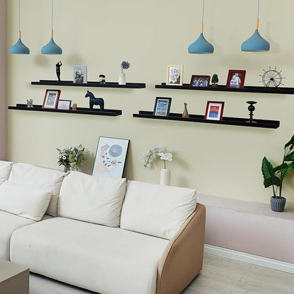 Long Floating Shelves for Wall 47 Inch,Real Wood Picture Ledge Shelf with Lip Set of 4,Photo Frame Storage Display for Living Room Nursery Bedroom Bathroom Kitchen Home Office Decor (Black)