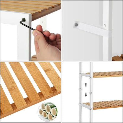 SONGMICS Bamboo Storage Shelf, 5-Tier Shelving Unit, Multifunctional, in The Entryway, Bathroom, Living Room, Balcony, Kitchen, 10.2 x 23.6 x 51.2 Inches, Cloud White and Light Bamboo UBCB35WN
