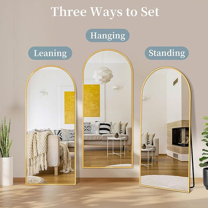 Full Length Mirror with Stand, 64"x21" Arched Full Body Mirror, Large Stand Up Aluminum Frame Floor Freestanding Hanging Leaning Mounted for Bedroom Living Room Entryway Gold