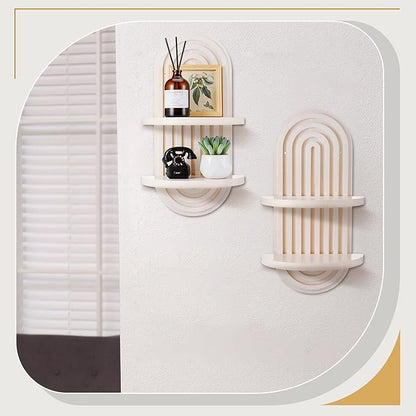 Wenqik 2 Pcs Boho Wall Shelf Rainbow Arch Wooden Floating Shelf Mid Century Bohemian Hanging Holder Double Vintage Wall Mount Altar Decor for Nursery Bedroom 15.75 x 6.69 Inches(White)