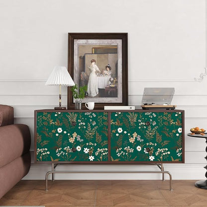 Dark Floral Wallpaper Peel and Stick 17.5in x393in Vintage Green Gold Leaf Wallpaper Vinyl Waterproof Self-Adhesive Boho Botanical Wall Paper Mural for Cabinet Bookcase Bedroom Decor