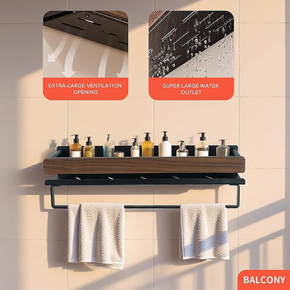 Bathroom Shelf 40 Inch, Wall Mounted Organizer with Towel Rail & Self-Draining - Space Saver with Removable Clips for Kitchen, Living Room, Solid Walnut Finish