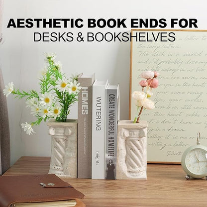 Roman Column Book Ends Decorative, 4-in-1 Heavy Duty Marble Bookend for Shelves, Unique Pen Holder & Mini Flower Vase, Classic Greek Statue for Office Home Desk Decor (2PC, Beige)