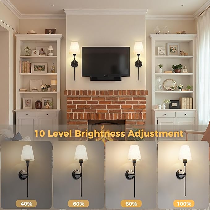 DORESshop Battery Operated Wall Sconce Set of 2, 7 Color Wireless Wall Light Easy to Install, Sconce Wall Decor Set of 2 for Bedroom, Living Room, Fabric Linen Shade, Black, 24.6in