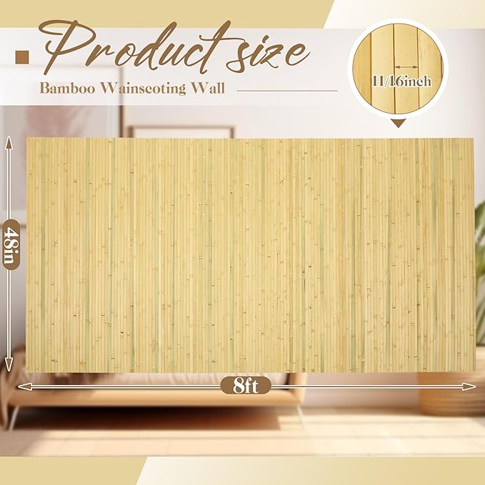 Juexica 1 Pcs Natural Bamboo Wall Panel for Interior Wall 48''x96'' Bamboo Covering Renewable Pole Wainscoting Room Divider Wrap Decor for Bedroom Living Room Kitchen Island Office (Natural)