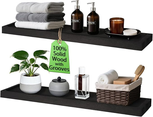 Solid Wood Floating Shelves for Wall 36 inch Bathroom Hanging Wall Shelves Set of 2 for Living Room Bedroom Kitchen Farmhouse 36x6.7 inch - Black