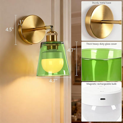 Vintage Battery Operated Wall Sconce with Green Minimalist Glass Lampshade Rechargeable Battery Powered Wall Light with Remote Control for Bedside Bedroom Bathroom, Set of 2