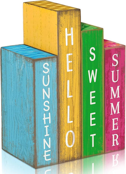 4 Pcs Summer Table Decoration Wooden Book Hawaii Beach Decoration Blue Yellow and Red Summer Tiered Tray Decor Wood Book Sign Farmhouse for Hawaii Party Home Shelf Coffee Table