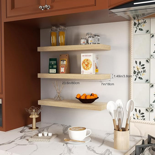 Floating Shelves for Wall, Bathroom Shelves Over Toilet, Wall Shelves & Book Shelf for Room, Hanging Shelf, Modern Wooden Mounted Floating Shelves, 24x7x1.5 in (Oak, Set of 3)