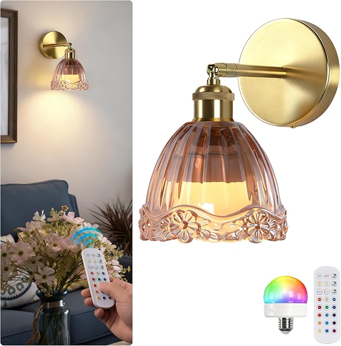 Vintage Battery Operated Wall Sconce with Amber Flower Crown Glass Lampshade Rechargeable Battery Powered Wall Light with Remote Control for Bedside Bedroom Bathroom, Set of 1